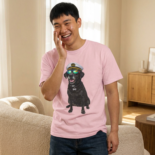Captain Pup Graphic T-Shirt — Dog with Captain Hat & Sunglasses