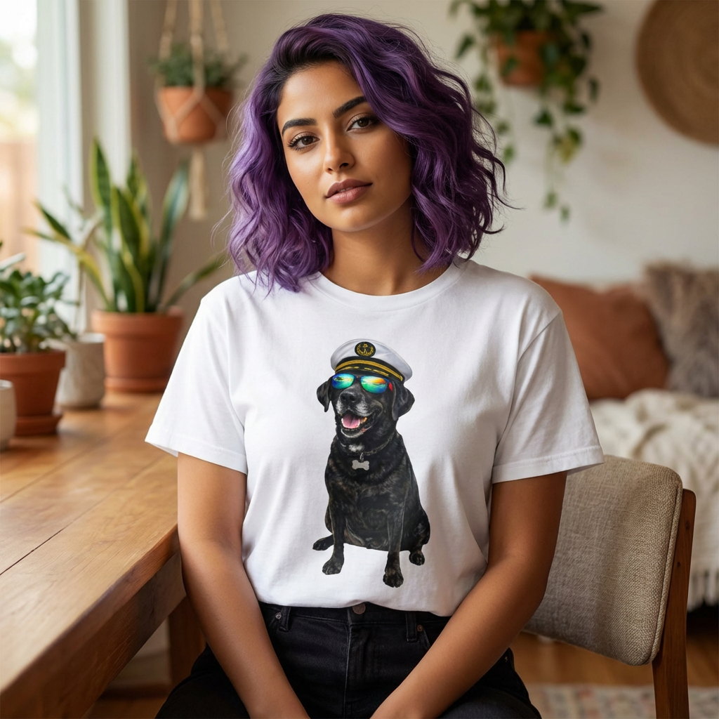 Captain Pup Graphic T-Shirt — Dog with Captain Hat & Sunglasses