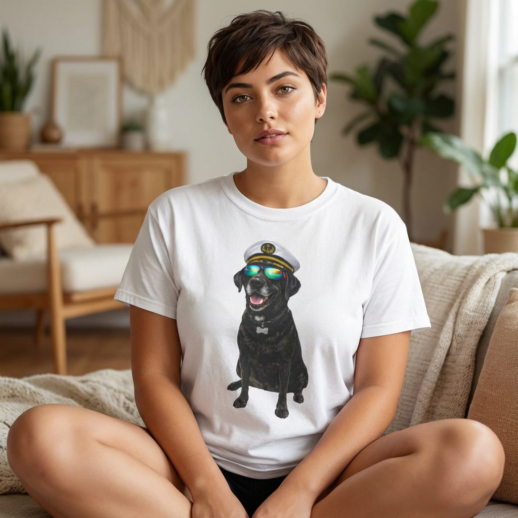 Captain Pup Graphic T-Shirt — Dog with Captain Hat & Sunglasses