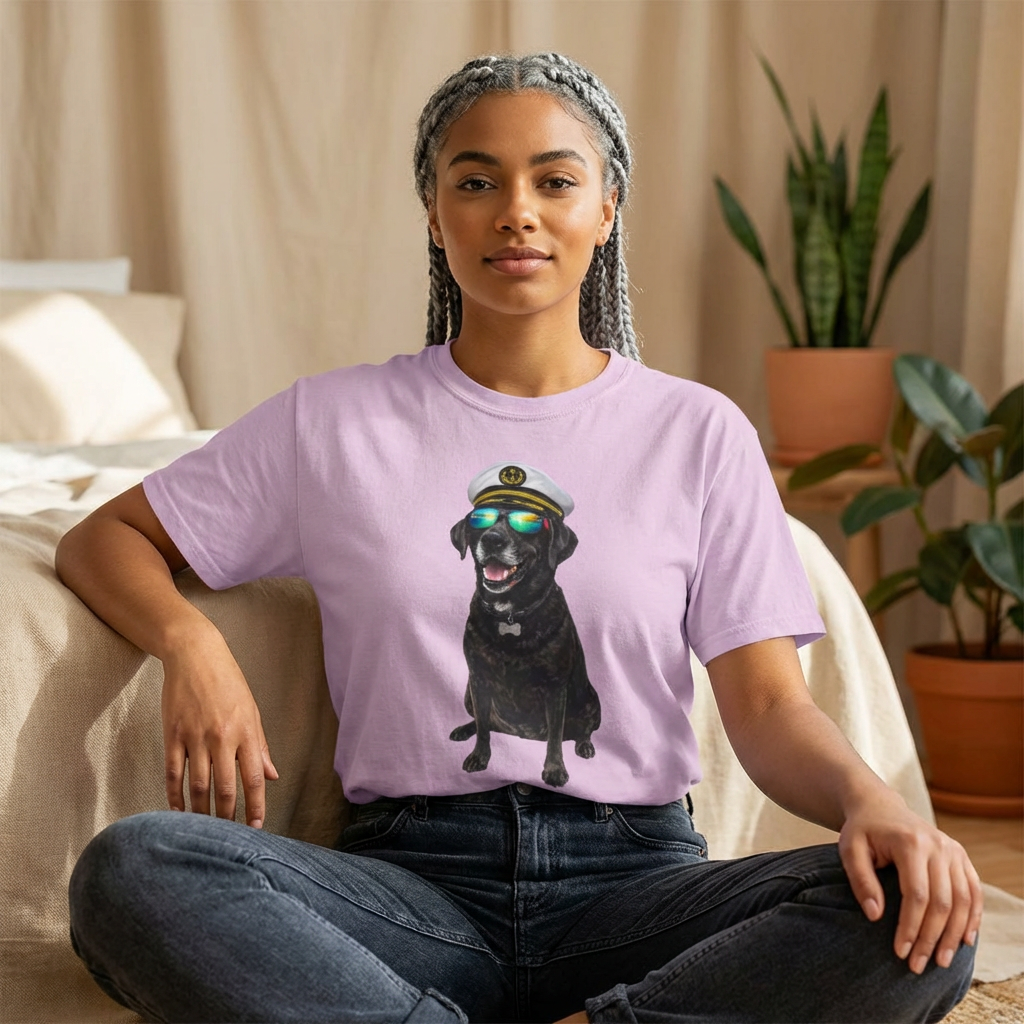 Captain Pup Graphic T-Shirt — Dog with Captain Hat & Sunglasses