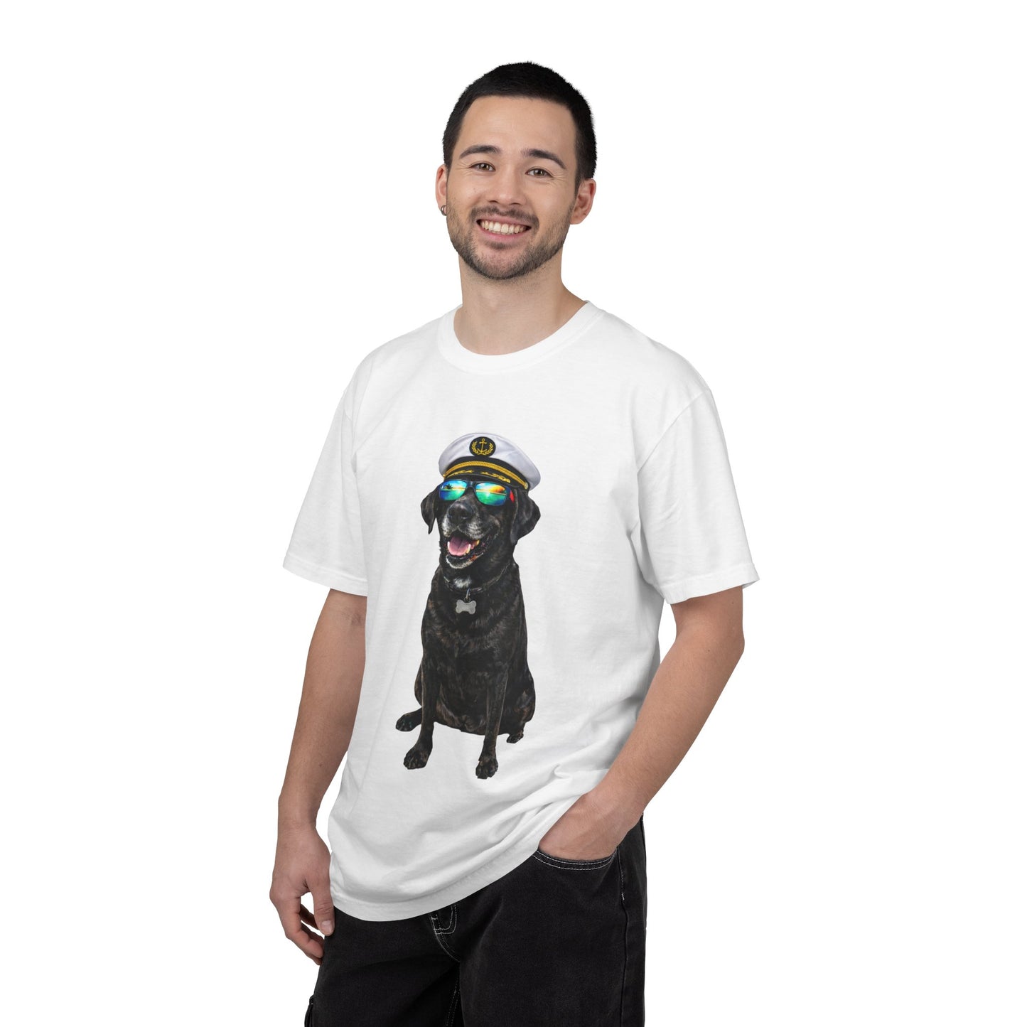 Captain Pup Graphic T-Shirt — Dog with Captain Hat & Sunglasses